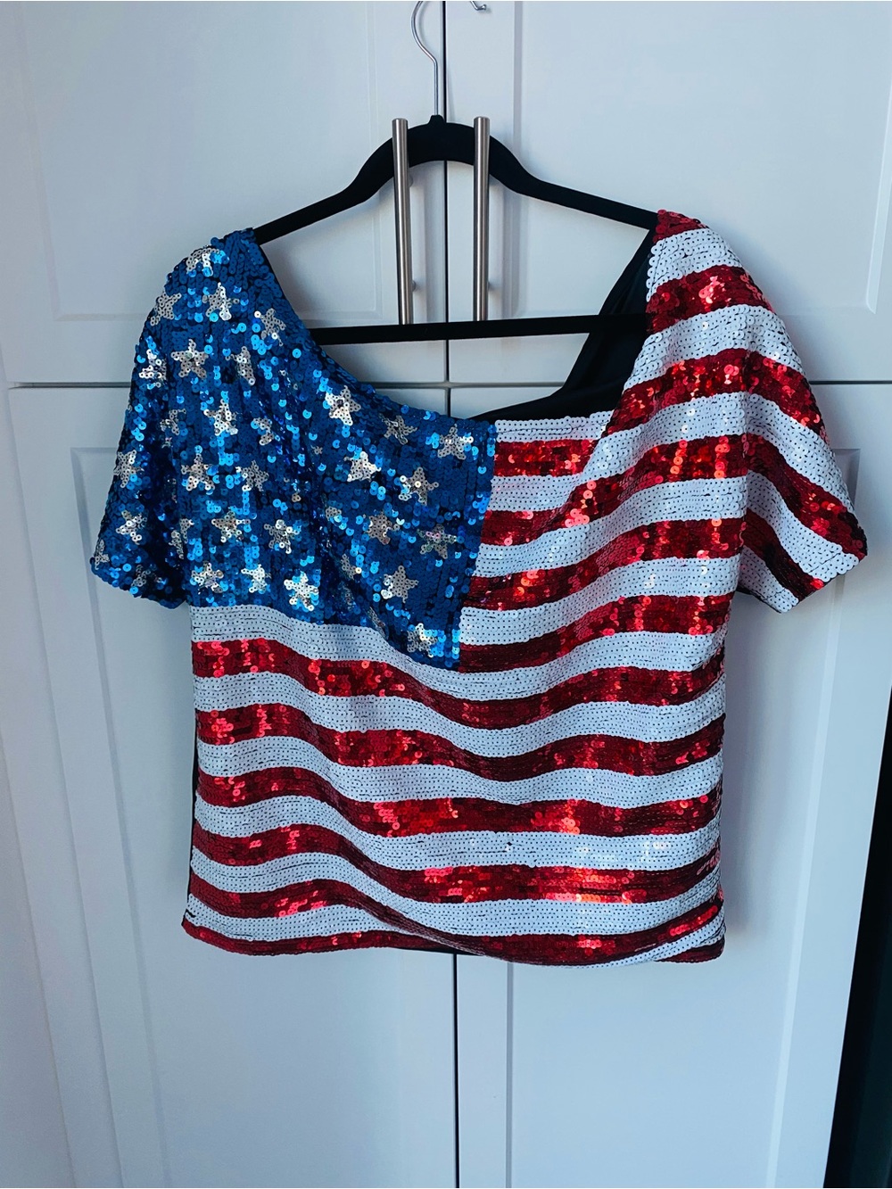 Anna-Kaci womens XXL sequin American flag patriotic off shoulder top